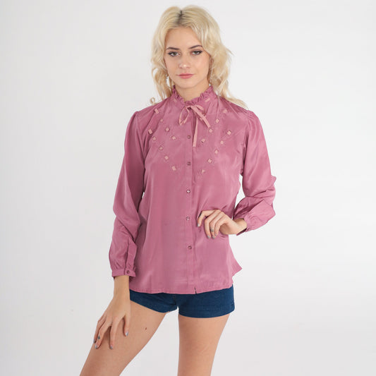 80s Dusty Rose Bow Neck Blouse Ruffled Long Sleeve Button Up Small