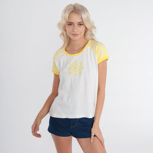 80s Sailboat Helm Graphic Ringer Tee Yellow White Striped Small