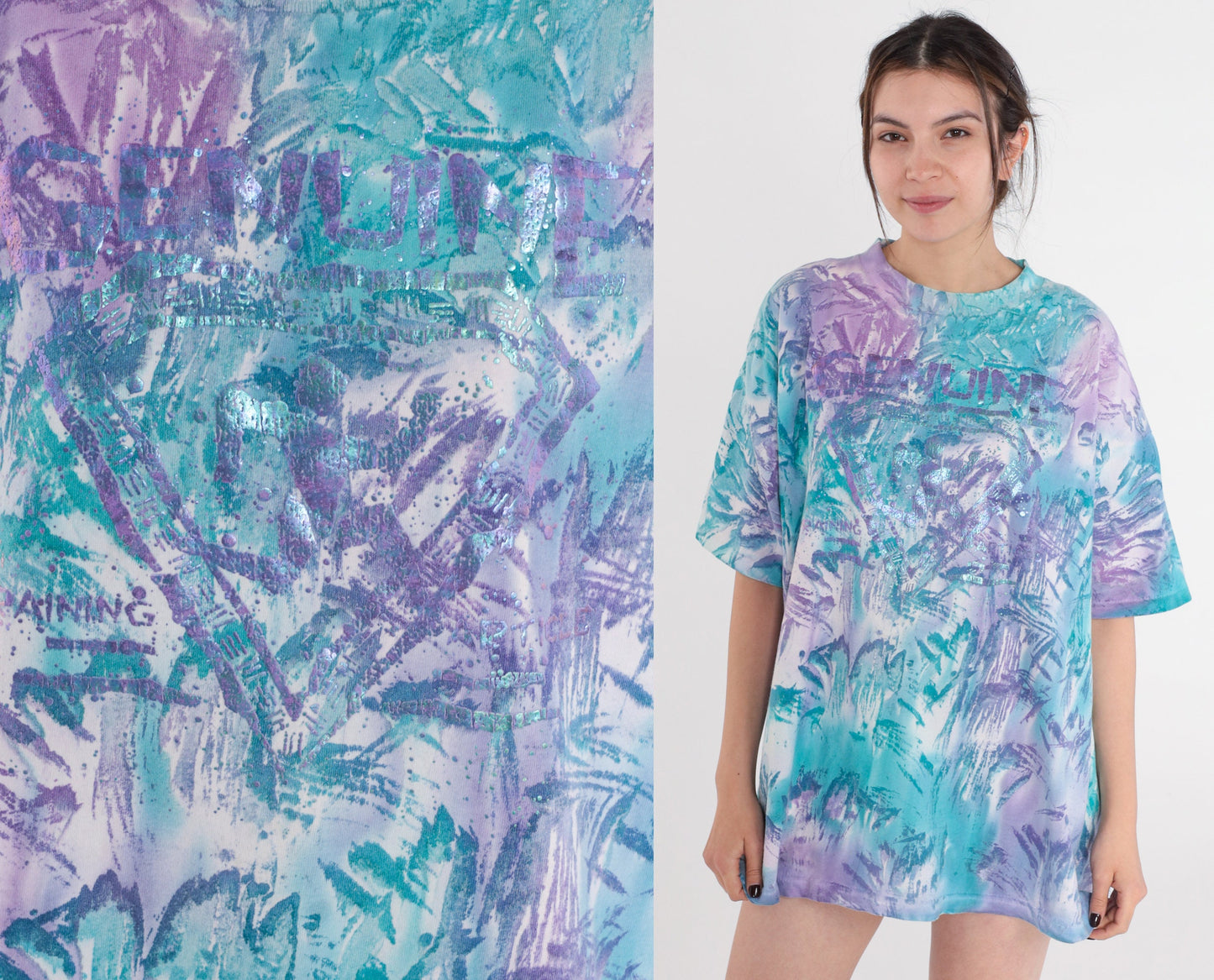 90s Genuine Tie Dye Graphic T-Shirt Blue White Purple Metallic Paint One Size