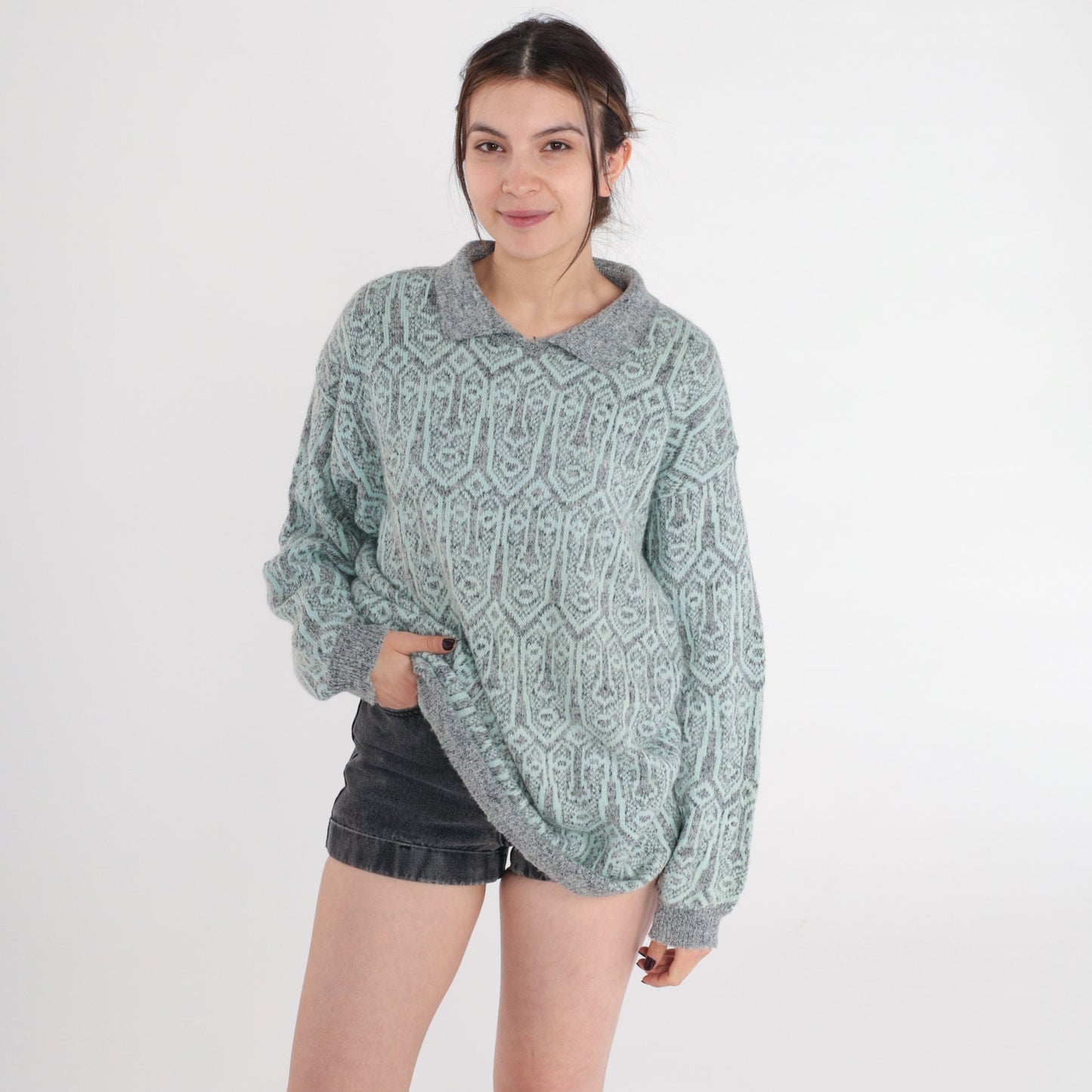 90s Face Print Collared Knit Sweater Grey Blue Pullover Medium M