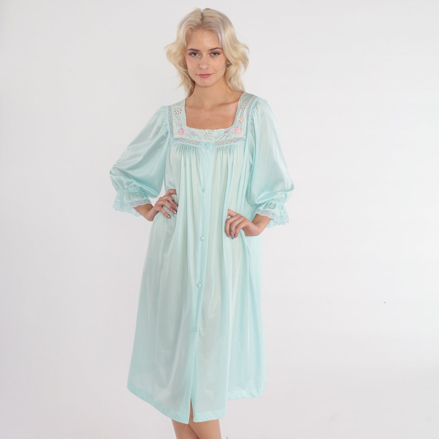 70s Blue Floral Embroidered Nylon Pajama Dress Midi Nightgown Large L