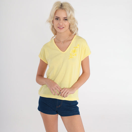 80s Floral Embroidered T-Shirt Yellow V-Neck Cap Sleeve Medium