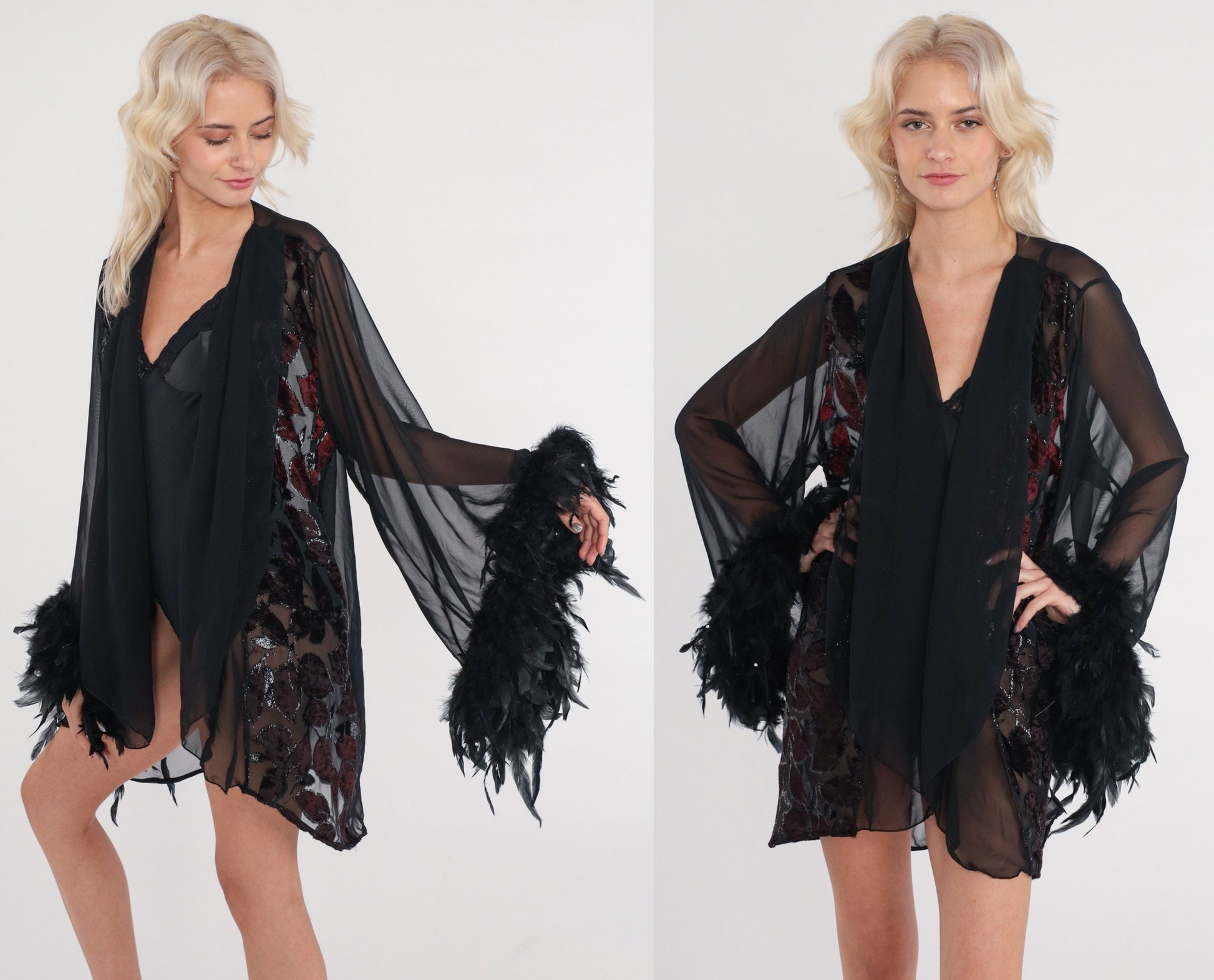 90s Fredricks of Hollywood Black Sheer Robe Velvet Burnout Leaf Feather Trim Medium Large