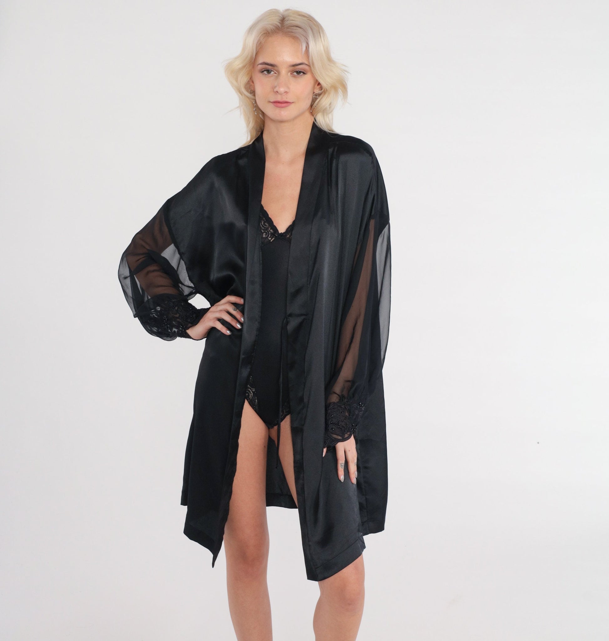 90s Black Bed Jacket Floral Lace Trim Open Front Robe Large L