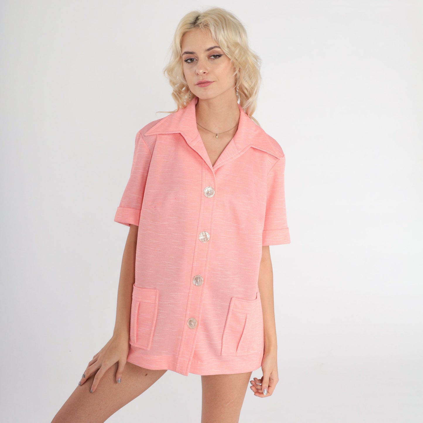 70s Pink Button-Up Shirt Dagger Collar Short Sleeve Large