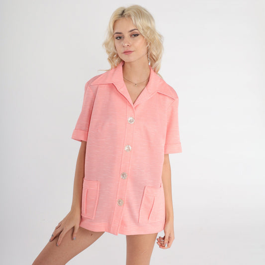 70s Pink Button-Up Shirt Dagger Collar Short Sleeve Large