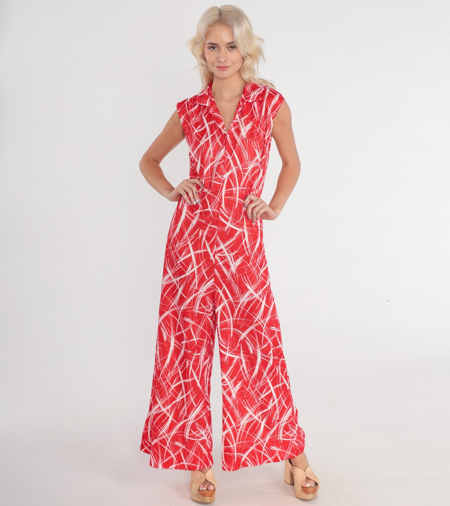 70s Red White Abstract Print Jumpsuit Wide Leg Sleeveless Zip Collar Medium