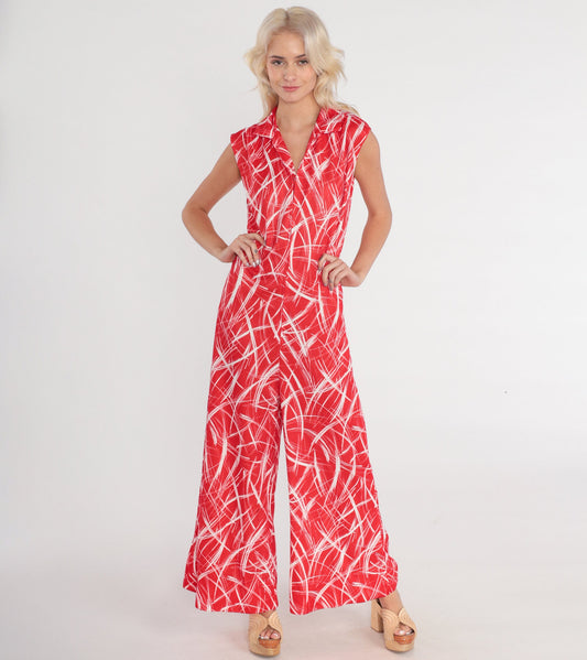 70s Red White Abstract Print Jumpsuit Wide Leg Sleeveless Zip Collar Medium