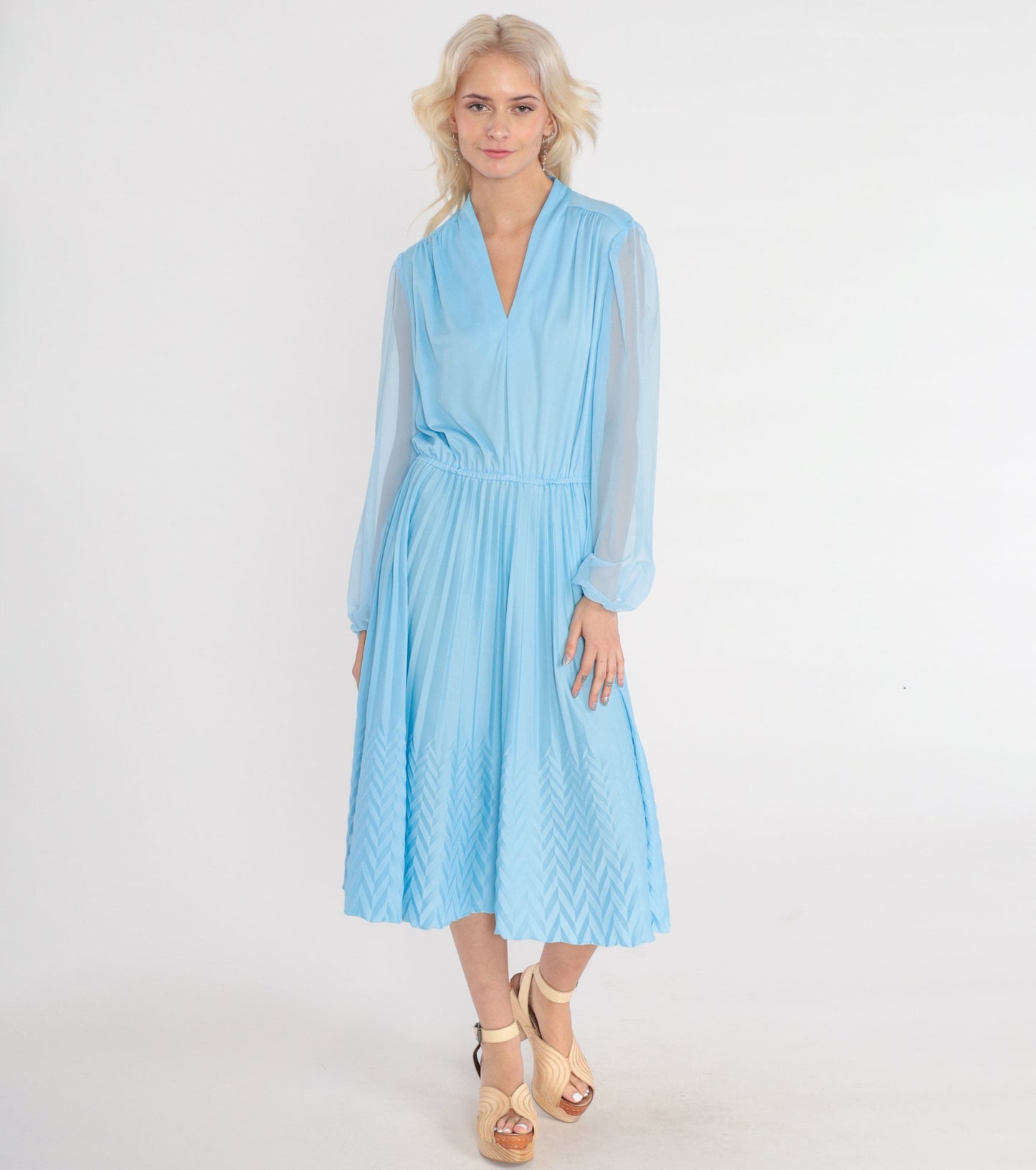 70s Blue Midi Dress V-Neck High Waisted Knife Pleated Sheer Sleeve Medium M