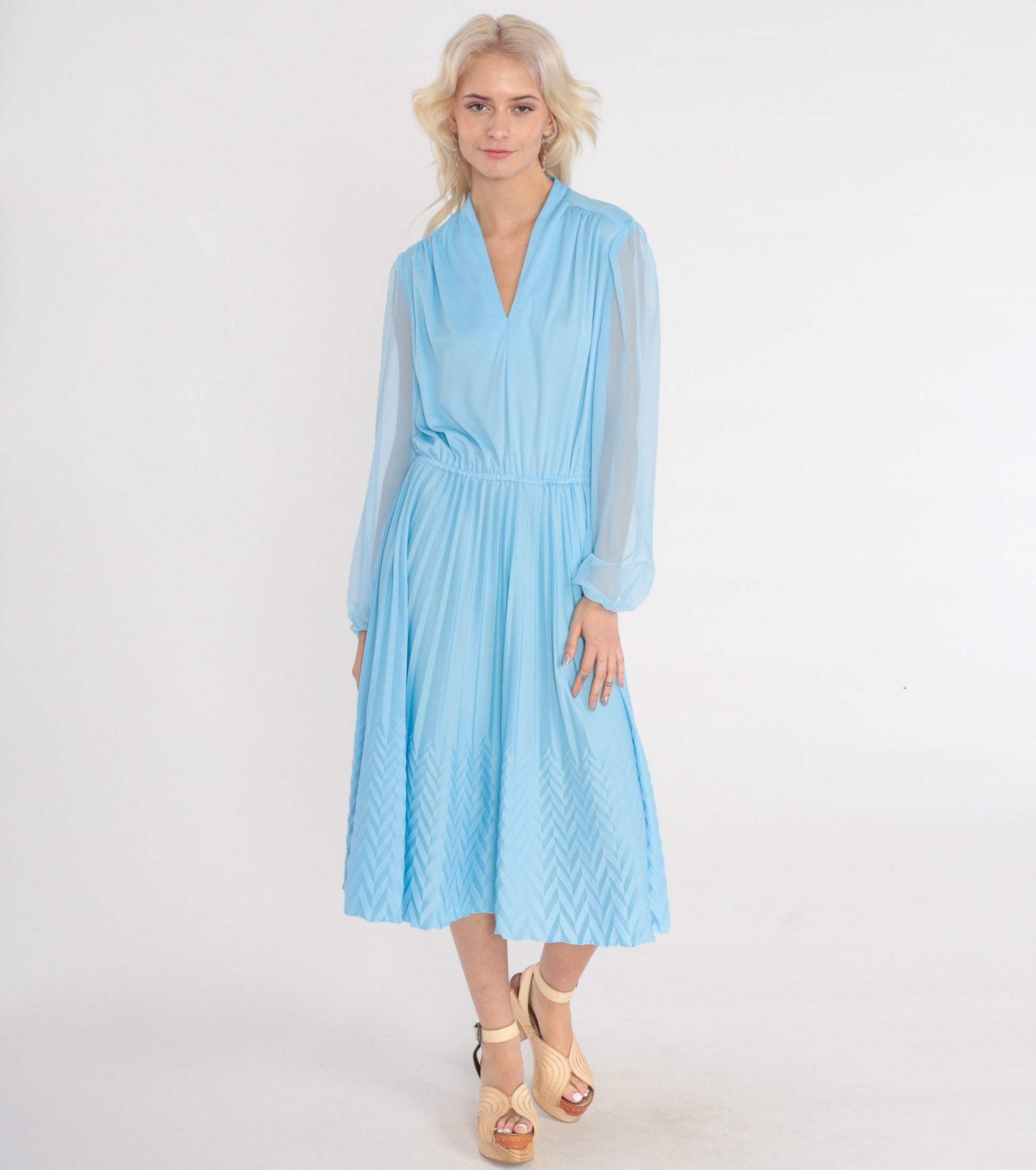 70s Blue Midi Dress V-Neck High Waisted Knife Pleated Sheer Sleeve Medium M