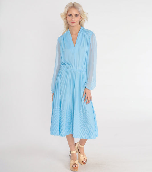 70s Blue Midi Dress V-Neck High Waisted Knife Pleated Sheer Sleeve Medium M
