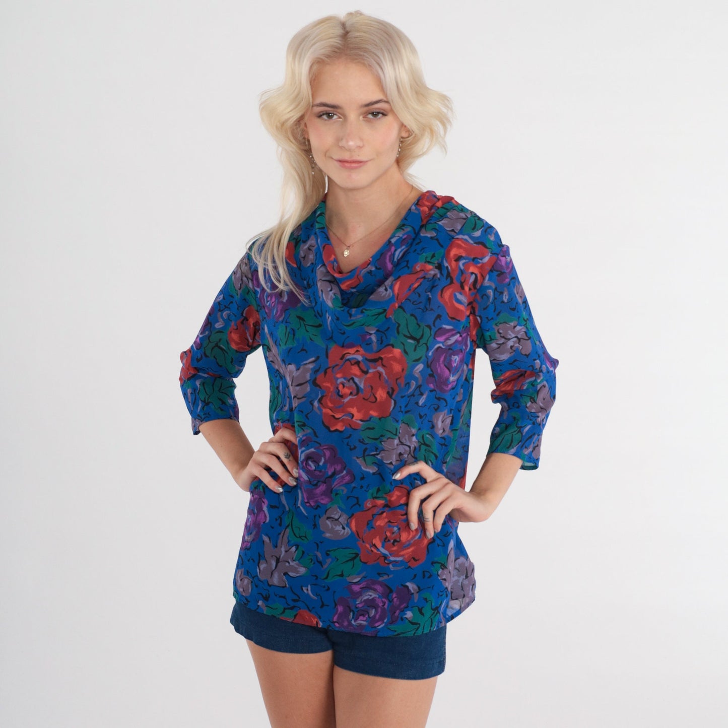 80s Floral Cowl Neck Blouse 3/4 Sleeve Blue Purple Red Small