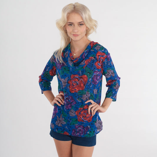 80s Floral Cowl Neck Blouse 3/4 Sleeve Blue Purple Red Small