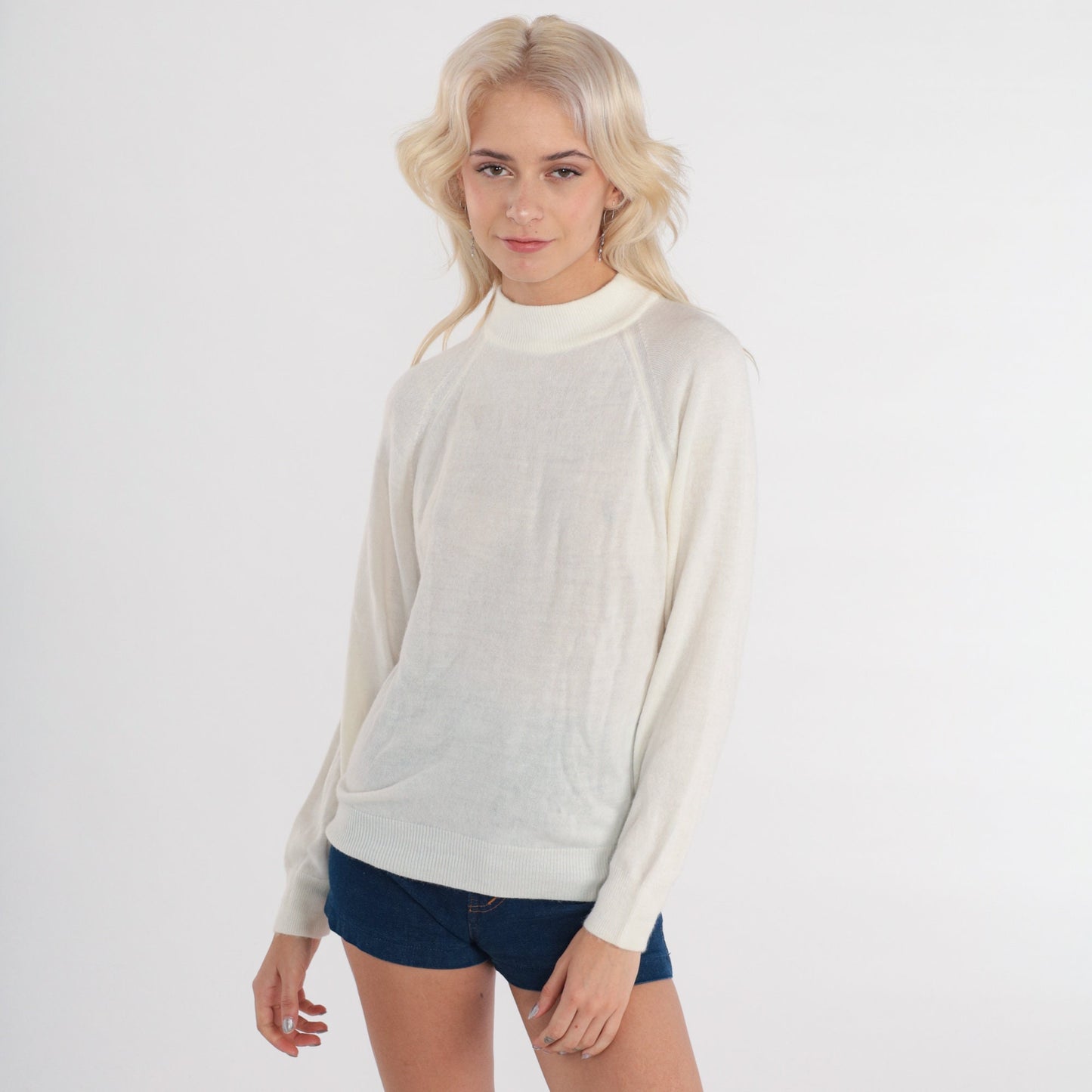 90s White Knit Sweater Mock Neck Raglan Sleeve Pullover Small