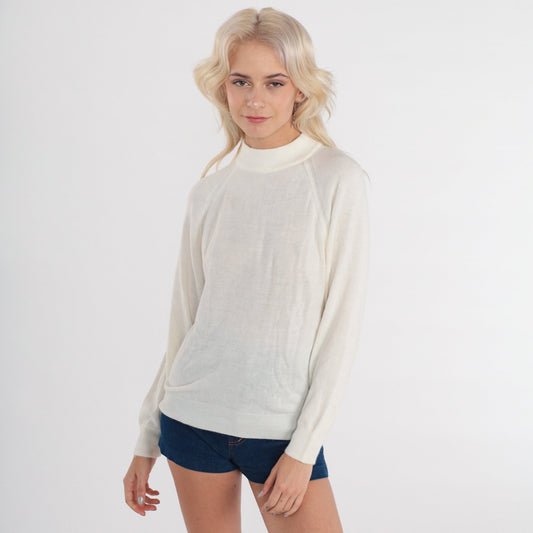 90s White Knit Sweater Mock Neck Raglan Sleeve Pullover Small