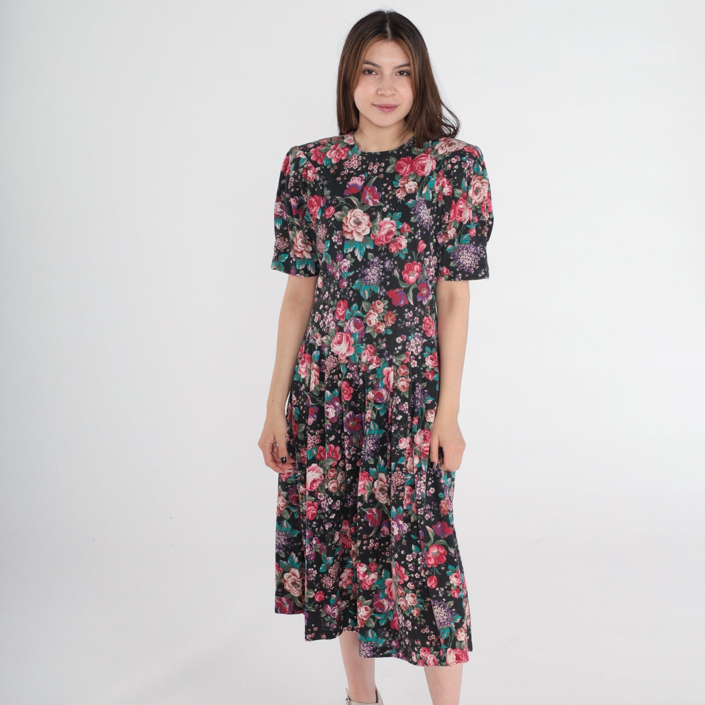 80s Forenza Floral Midi Dress Puff Sleeve Drop Waist Pink Extra Small