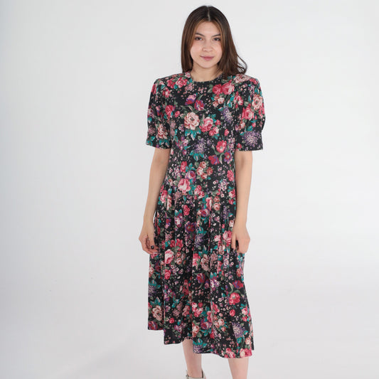 80s Forenza Floral Midi Dress Puff Sleeve Drop Waist Pink Extra Small