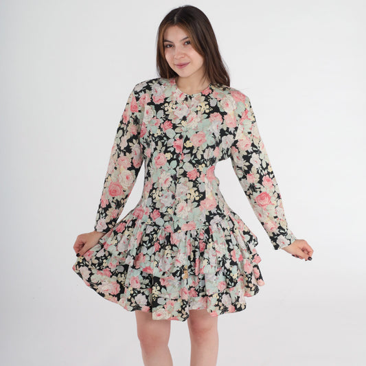 80s Byer Too Floral Mini Dress Drop Waist Tiered Ruffle Cotton Small