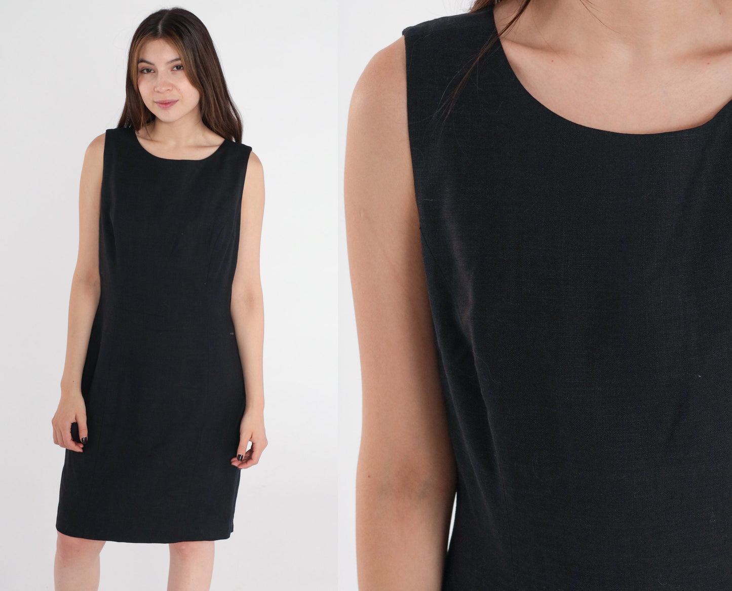 90s Black Mini Sheath Dress Sleeveless Round Neck Linen Rayon Medium M