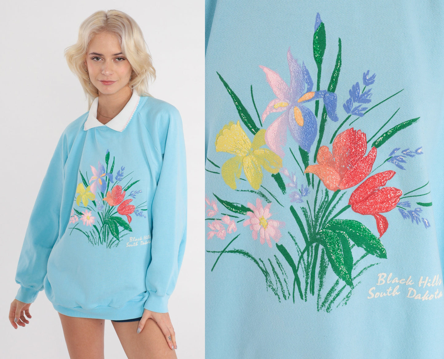 80s Black Hills South Dakota Floral Raglan Sweatshirt Baby Blue Collared Extra Large XXL