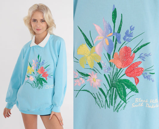 80s Black Hills South Dakota Floral Raglan Sweatshirt Baby Blue Collared Extra Large XXL