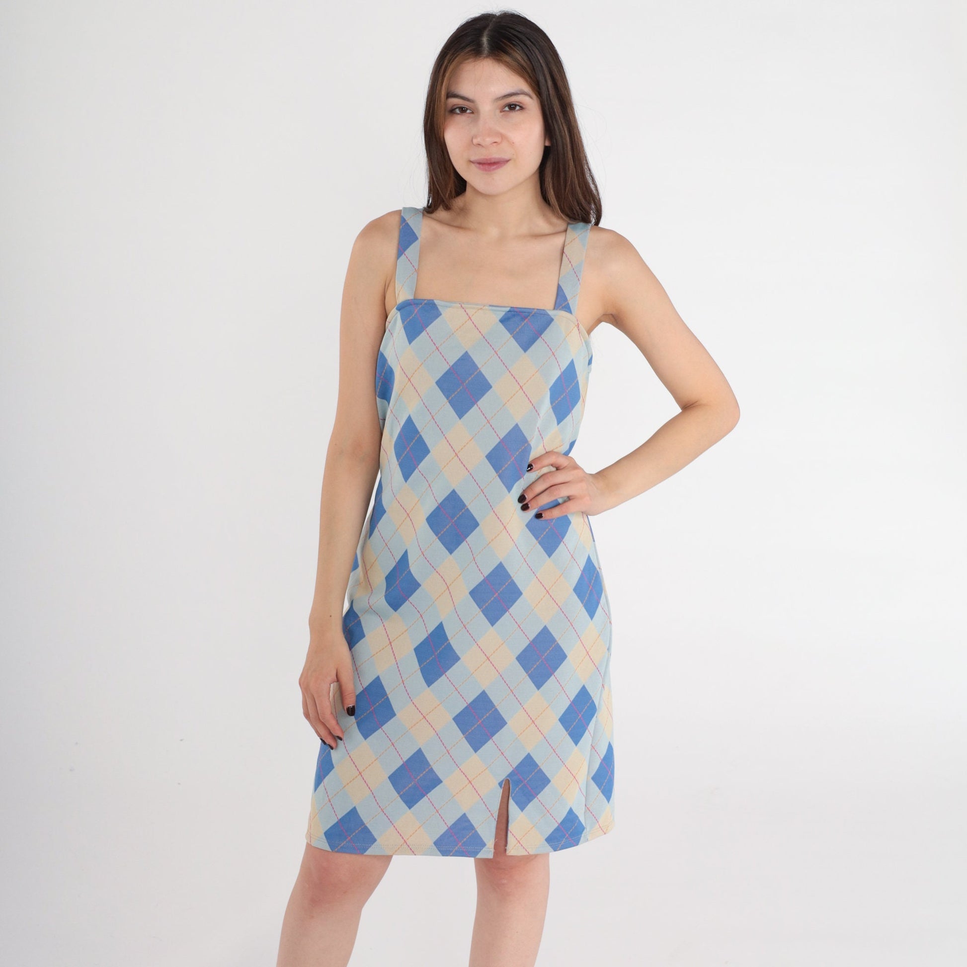 Y2K Blue Plaid Mini Shift Dress Spaghetti Strap Checkered Small Medium