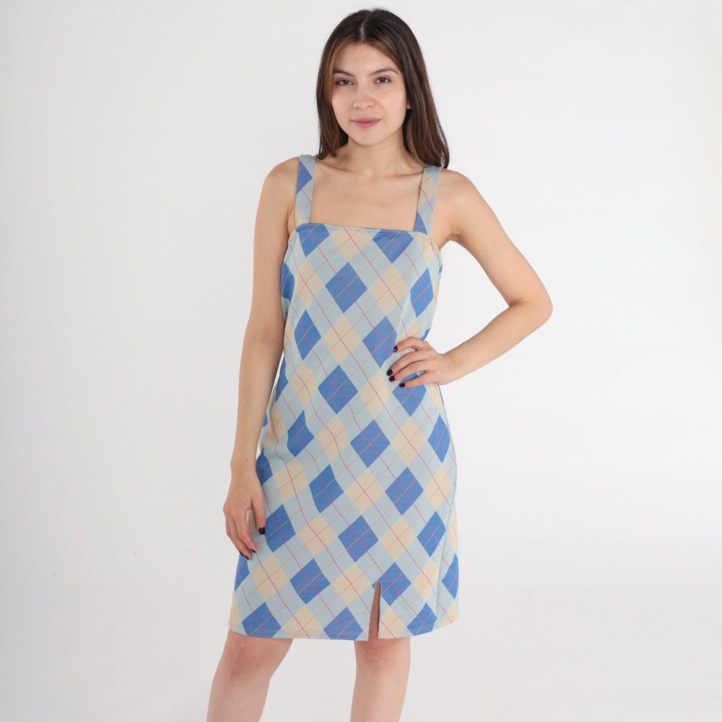 Y2K Blue Plaid Mini Shift Dress Spaghetti Strap Checkered Small Medium