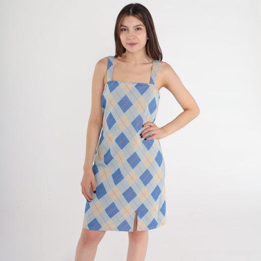 Y2K Blue Plaid Mini Shift Dress Spaghetti Strap Checkered Small Medium