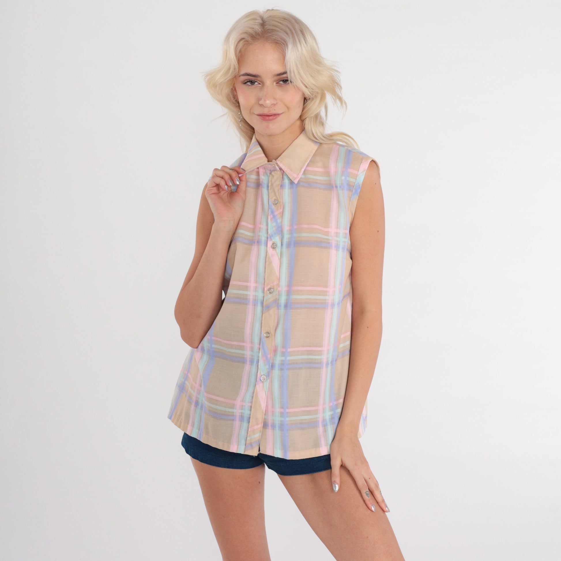 80s Tan Plaid Sleeveless Button-Up Blouse Pastel Pink Purple Check Medium