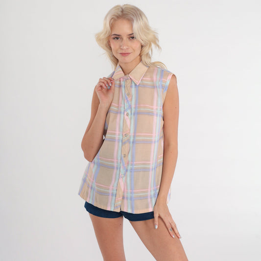 80s Tan Plaid Sleeveless Button-Up Blouse Pastel Pink Purple Check Medium