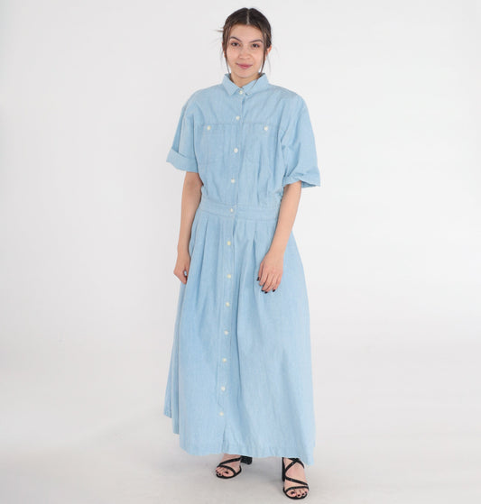 80s Norm Thompson Blue Denim Maxi Dress Button-Up Chest Pocket Extra Large