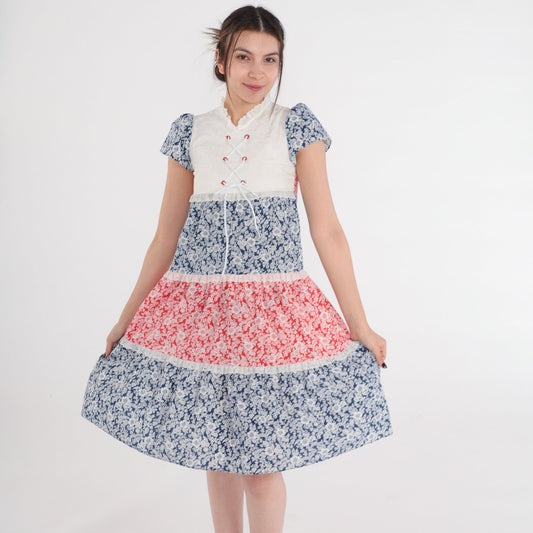 70s Floral Tiered Mini Dress Puff Sleeve White Eyelet Lace-Up Red Blue Petite XXS