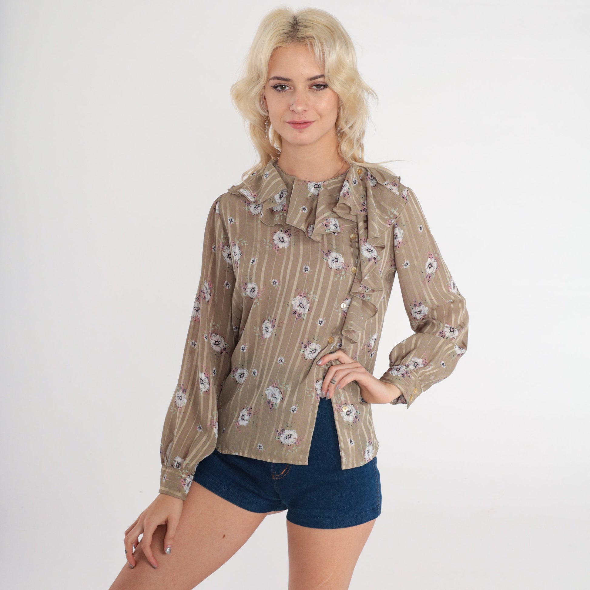 80s Anna Krist Floral Striped Blouse Taupe Ruffle Button-Up Medium