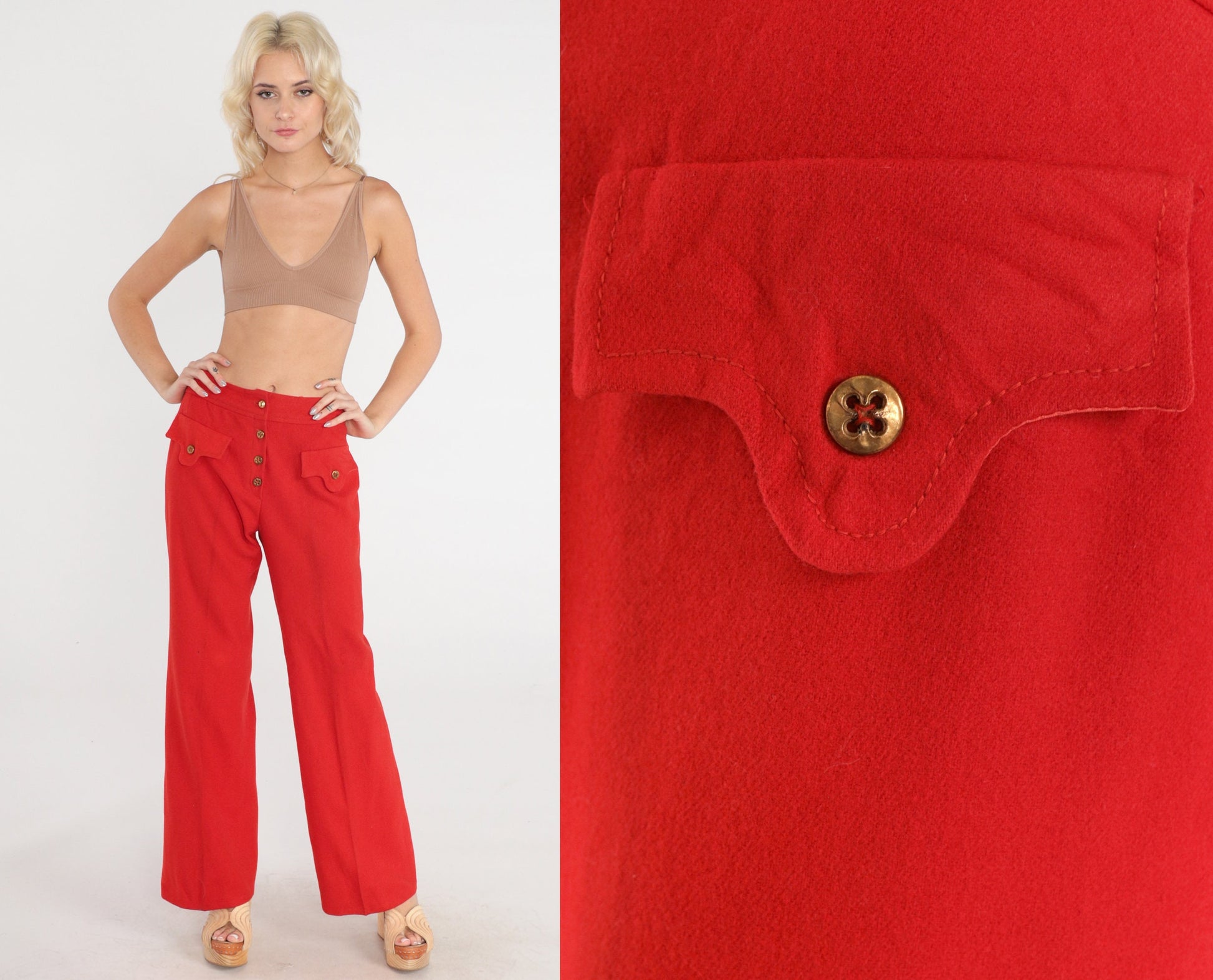 70s Red Wool Bell Bottom Trousers High Waist Button Fly Small