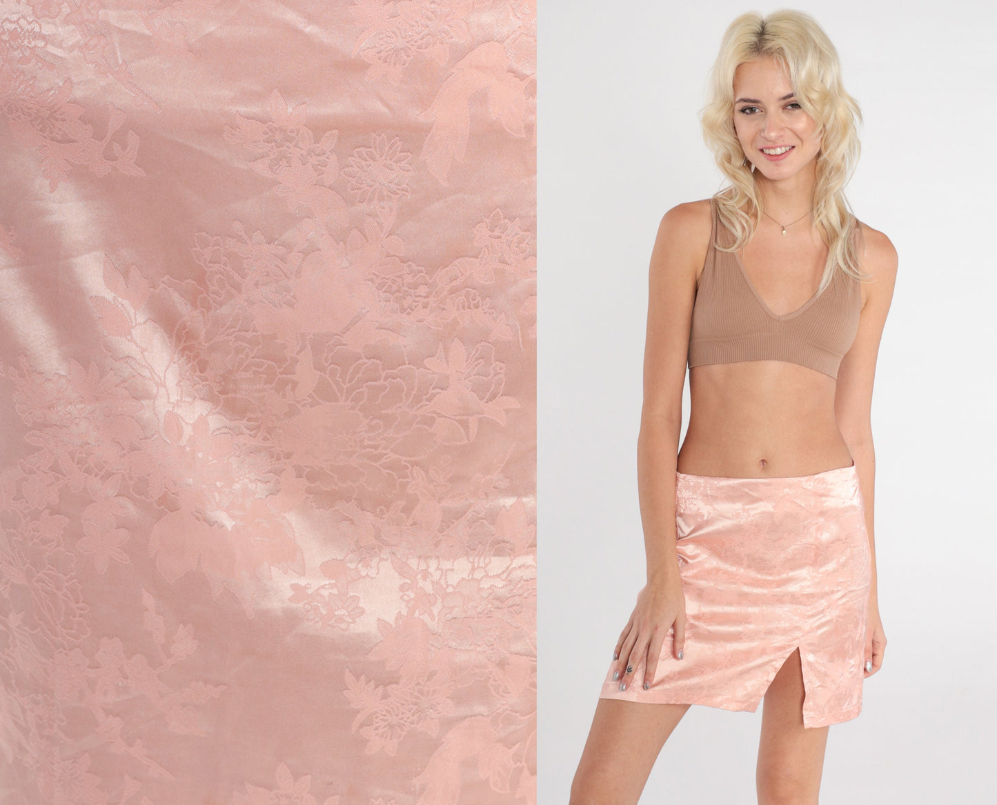 Y2K Pink Floral Embossed Mini Skirt Front Slit 00s Clubwear Small