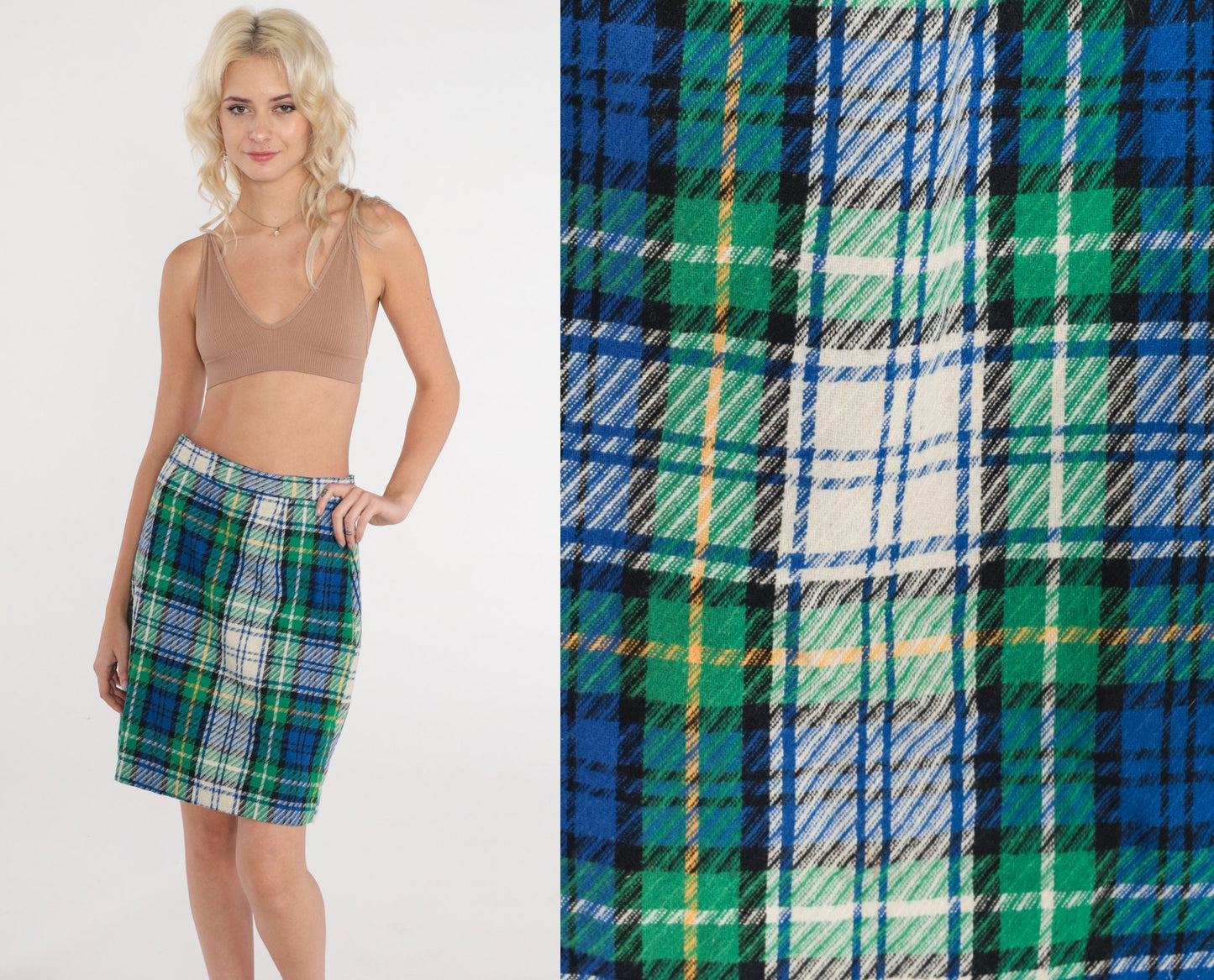 70s Plaid Wool Blend Mini Skirt High Waist Tartan White Blue Green Small