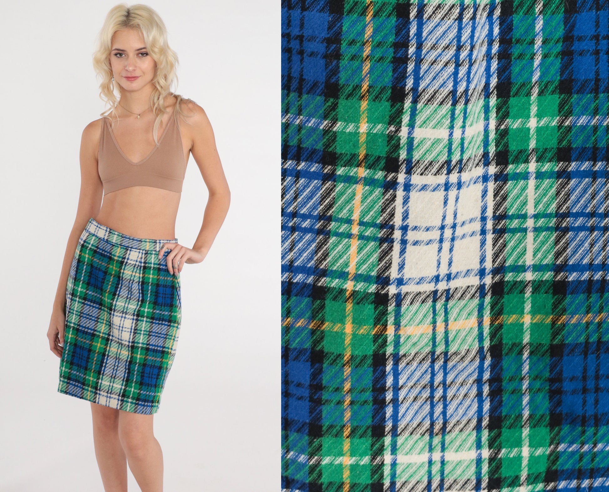 70s Plaid Wool Blend Mini Skirt High Waist Tartan White Blue Green Small