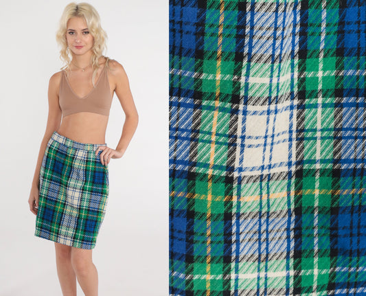 70s Plaid Wool Blend Mini Skirt High Waist Tartan White Blue Green Small