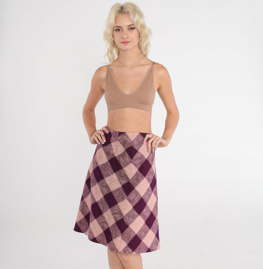 60s Pink Purple Checkered A-Line Skirt High Waist Knee Length Medium M