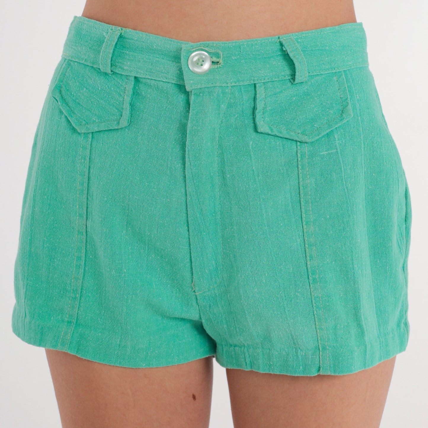 70s High Waisted Shorts Green Cotton Small S