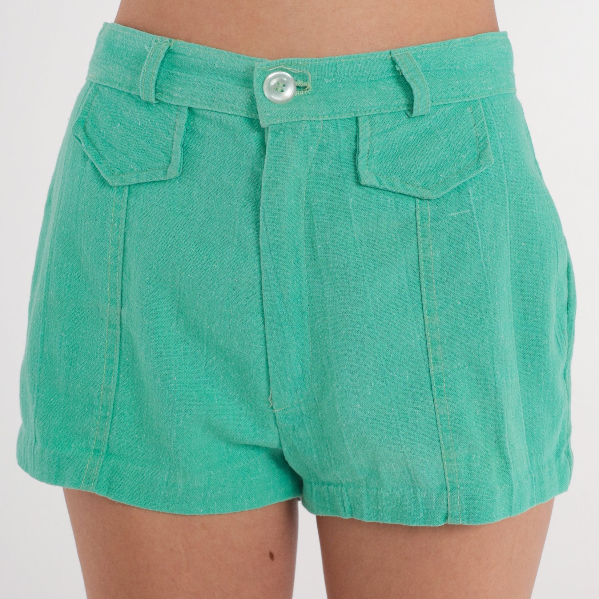 70s High Waisted Shorts Green Cotton Small S