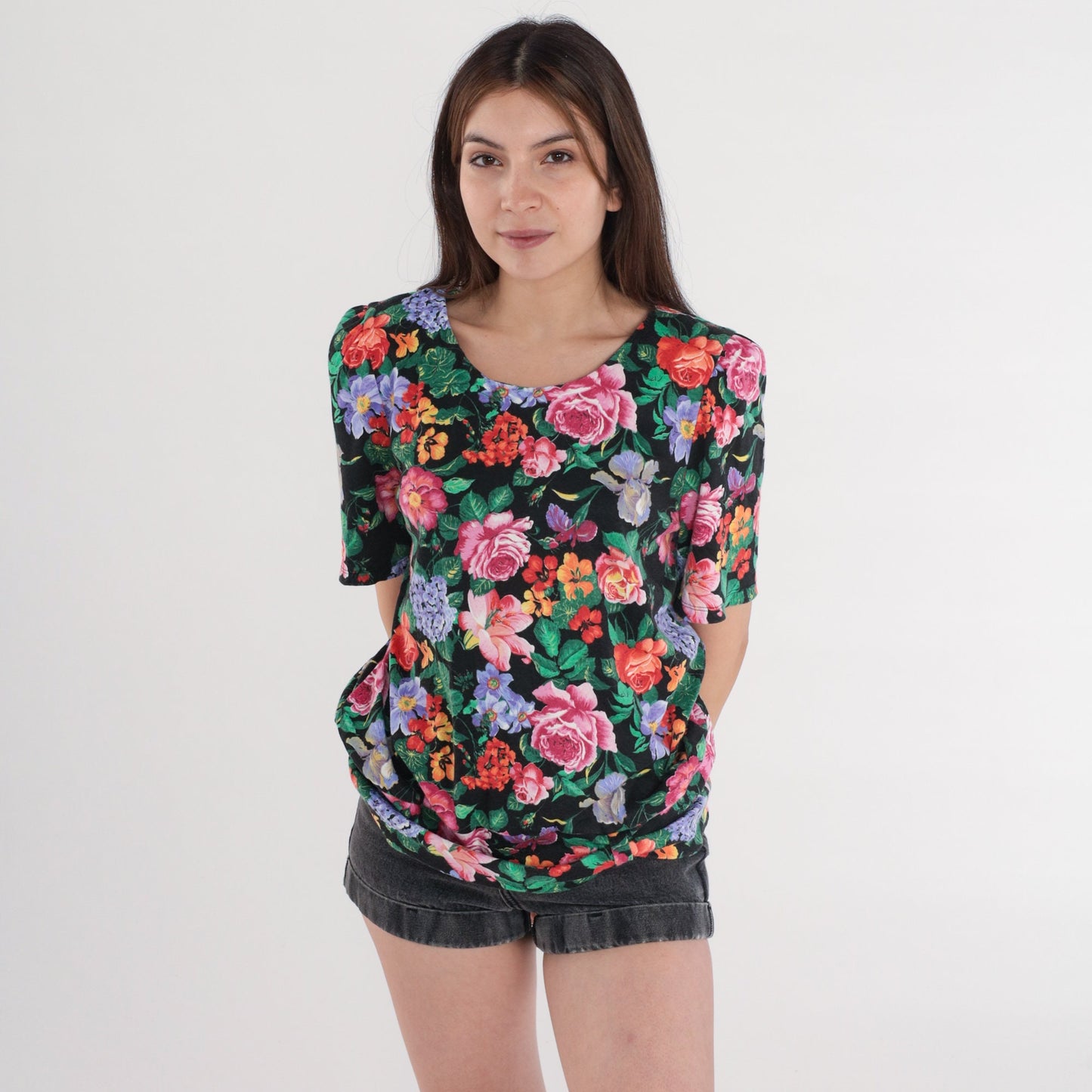 80s Fritzie Of California Black Floral Puff Sleeve Blouse Small