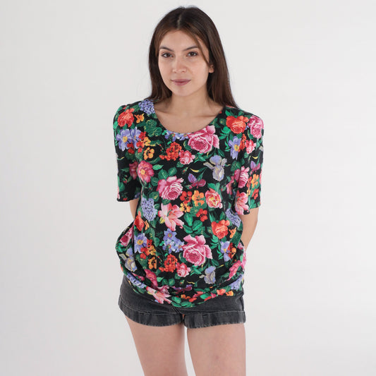 80s Fritzie Of California Black Floral Puff Sleeve Blouse Small