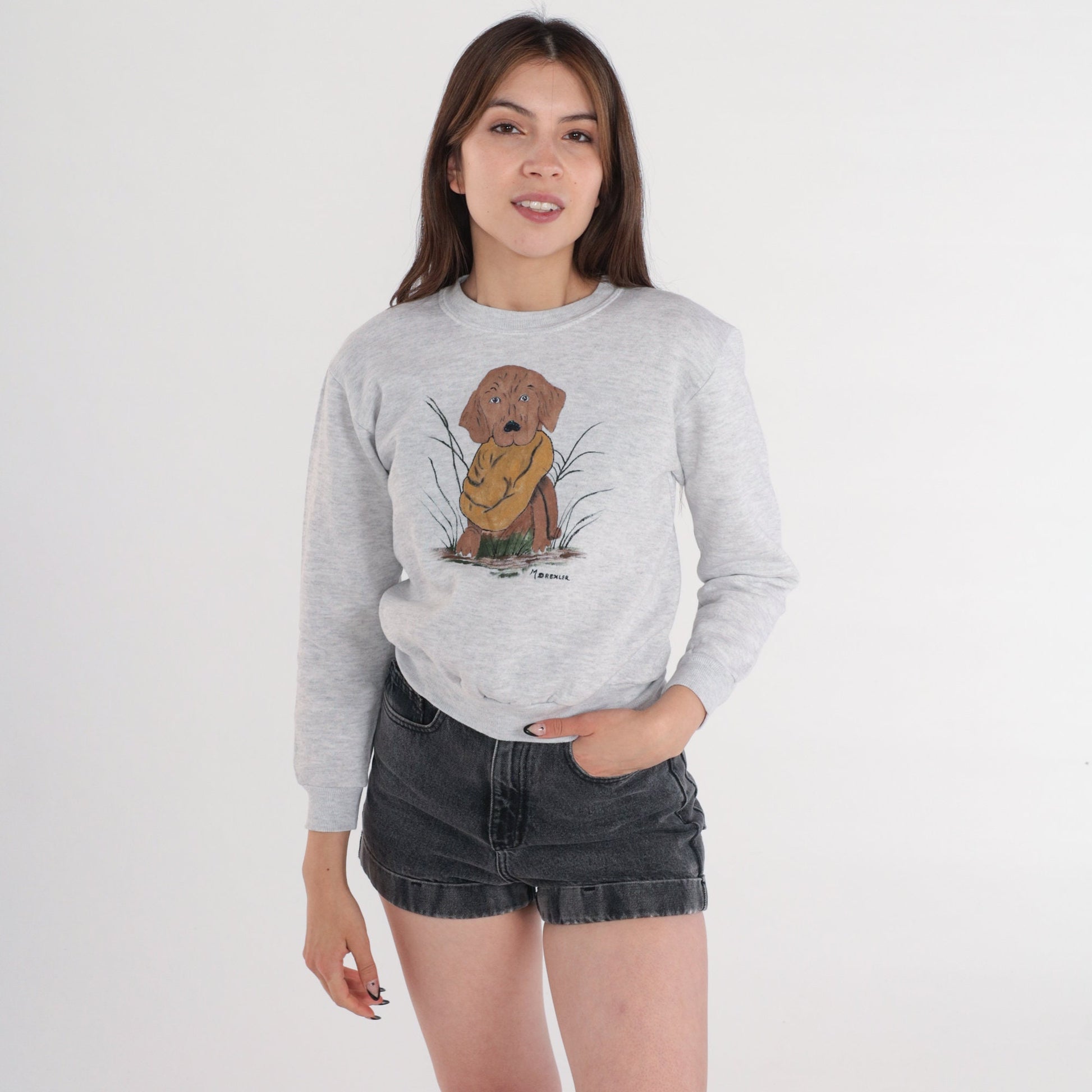 90s Chocolate Lab Painting Sweatshirt Heather Grey Graphic Crewneck XXS