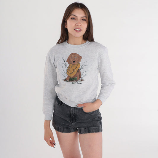 90s Chocolate Lab Painting Sweatshirt Heather Grey Graphic Crewneck XXS