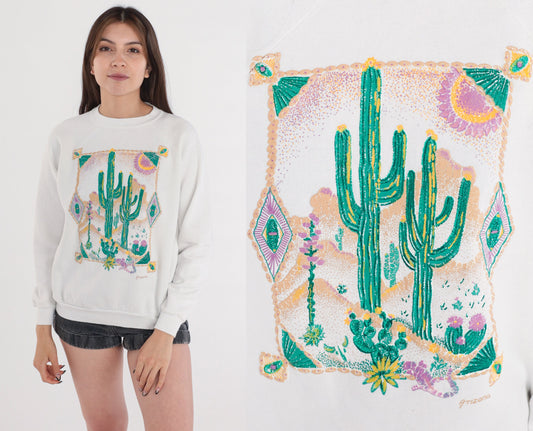 90s Arizona Desert Glitter Sweatshirt White Cactus Graphic Crewneck Medium M