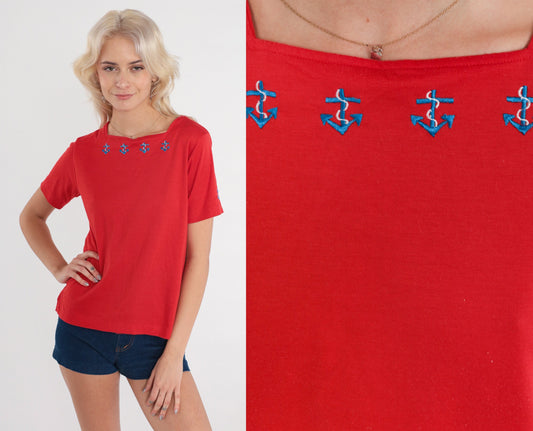 80s Red Anchor Embroidered Square Neck T-Shirt Small