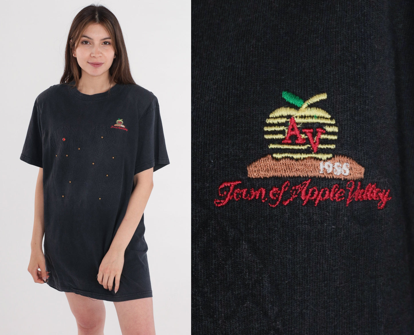 90s Apple Valley California Graphic Tee Black Studded Rhinestone Hot Air Balloon Extra Large