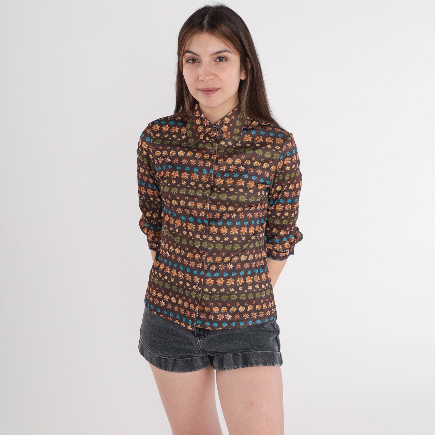 Y2K Brown Floral Button-Up Blouse Dagger Collar Long Sleeve Extra Small
