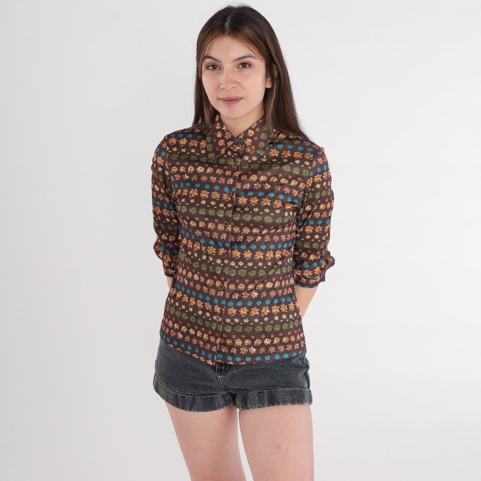 Y2K Brown Floral Button-Up Blouse Dagger Collar Long Sleeve Extra Small